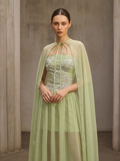 Sage Embroidered Cape Gown
