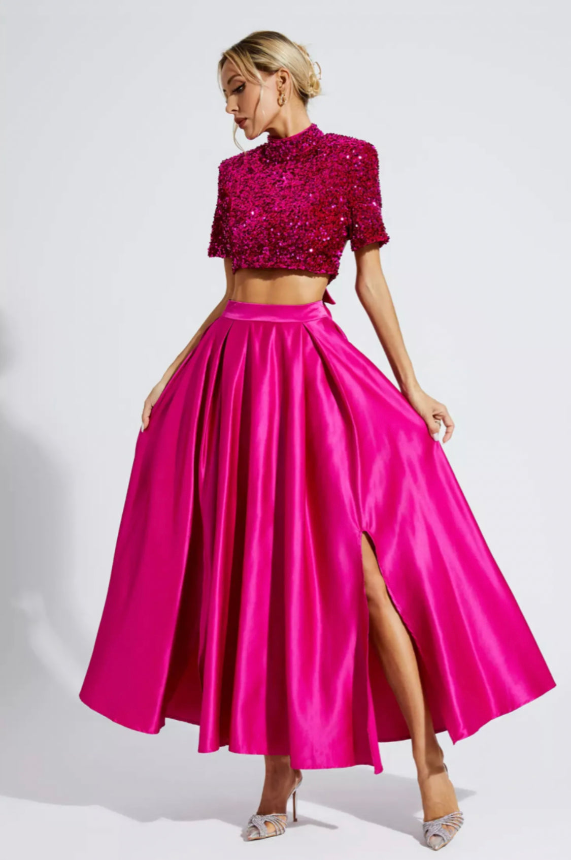 Belle pink sequin top/satin skirt set