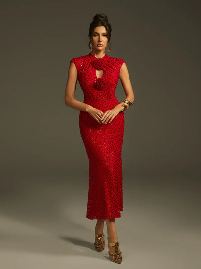 Scarlet Crystal Rose Midi Dress