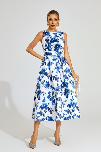 Azure Blossom A-Line Midi Dress