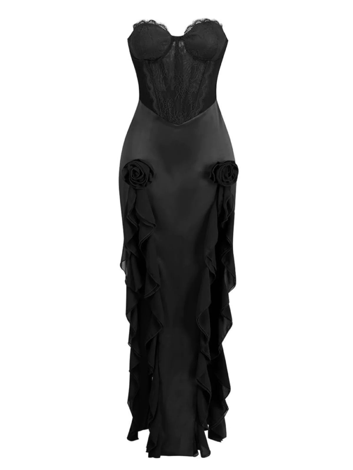 Black Satin/lace corset maxi dress (8293283201262)