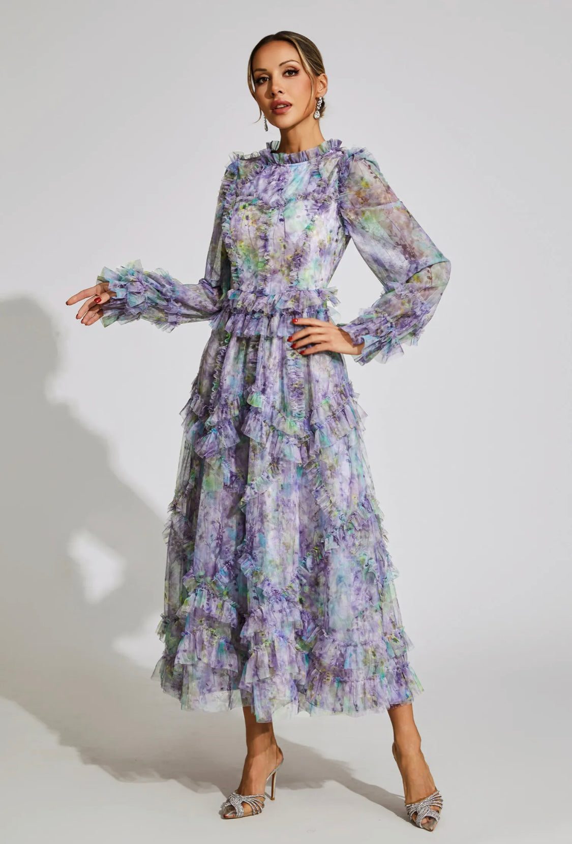 Purple mesh floral maxi dress (Preorder)