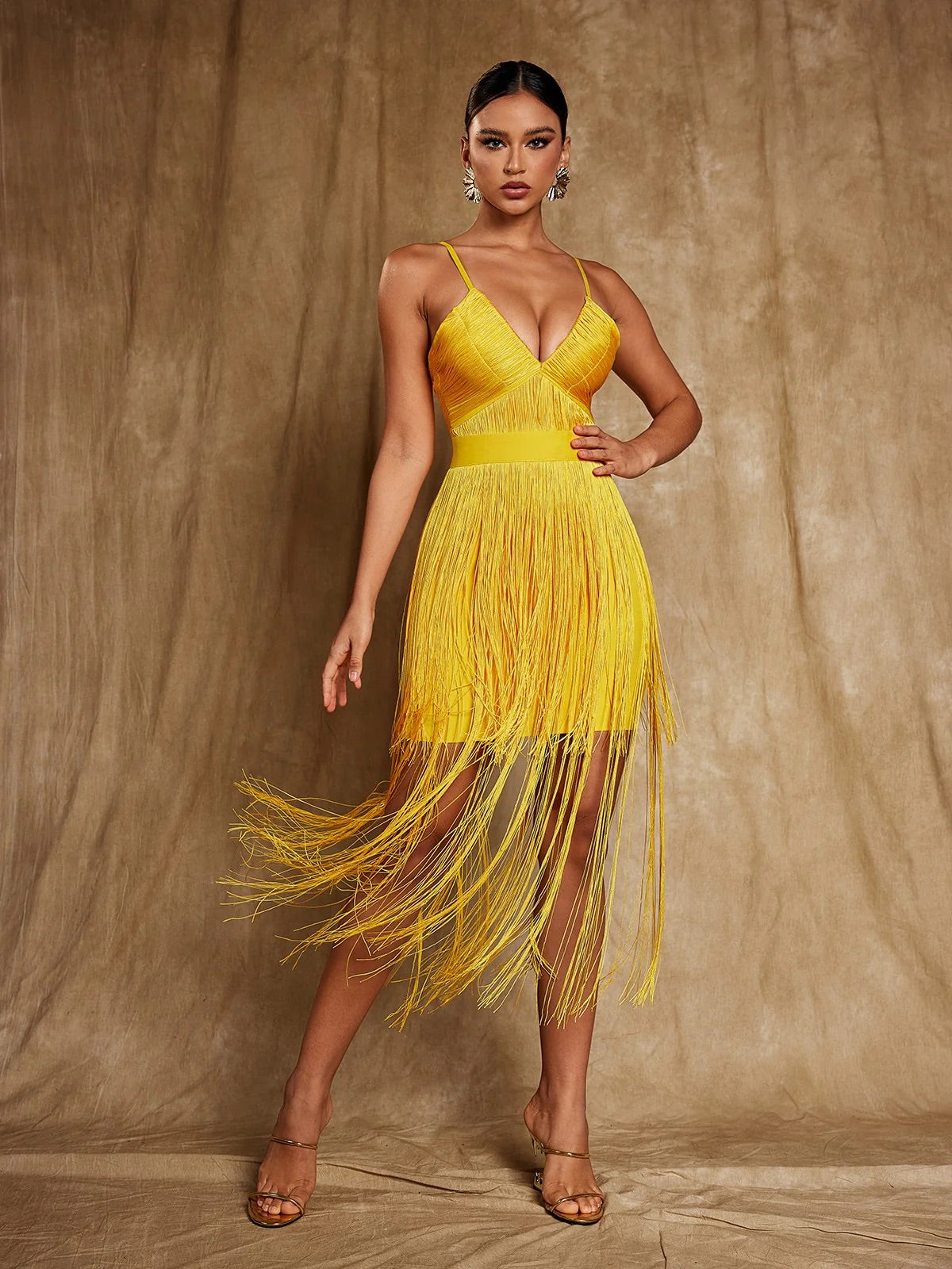 Yellow fringe bandage mini dress