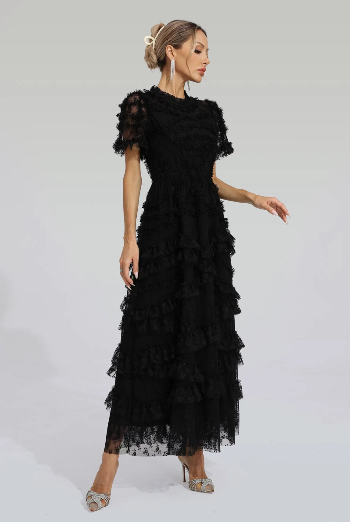 Floral mesh Black midi dress (Preorder)
