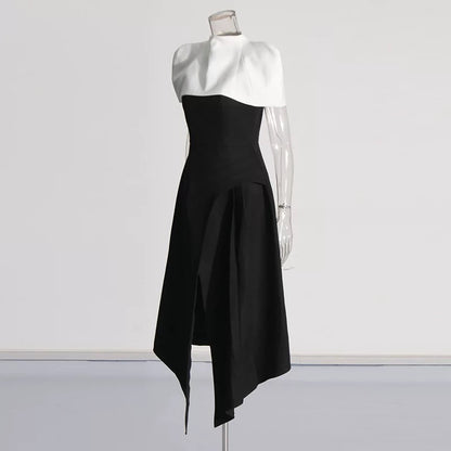 Noir Éclat Asymmetric Cape Dress