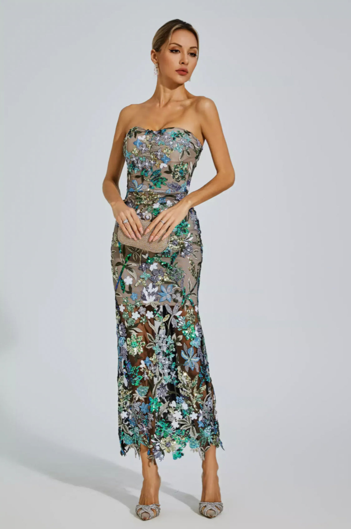 Leanna green/blue flower midi dress