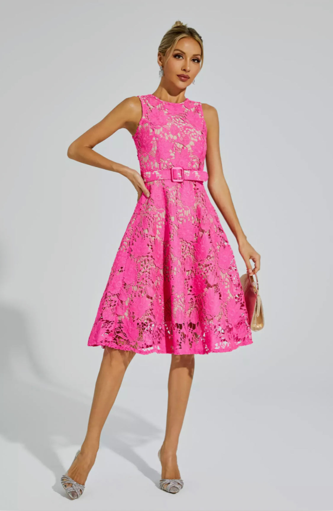 Briana pink belted midi dress