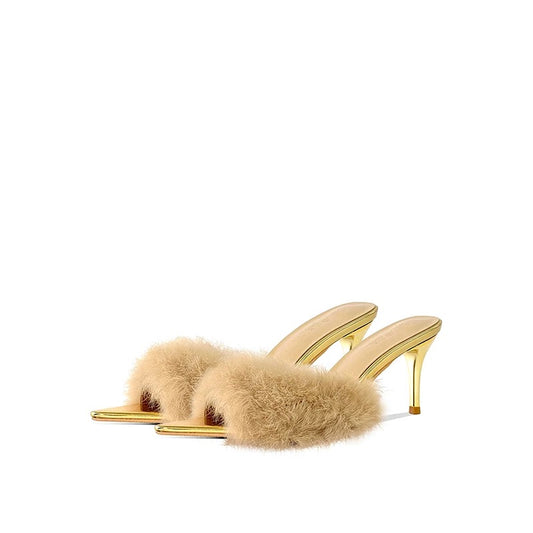 Golden Dream Fur Mule Heels