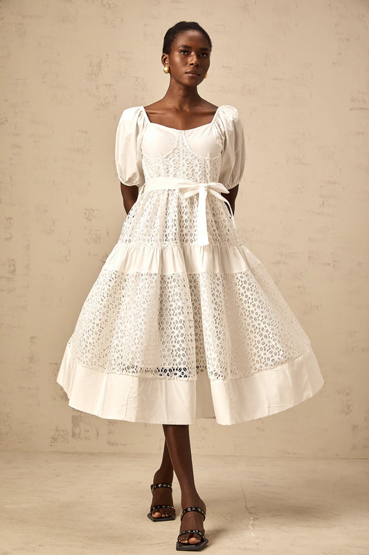 Corded lace tiered midi dress