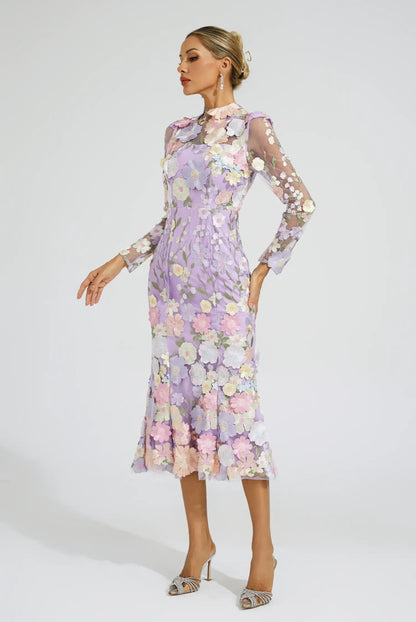 Purple flower embroidered midi dress