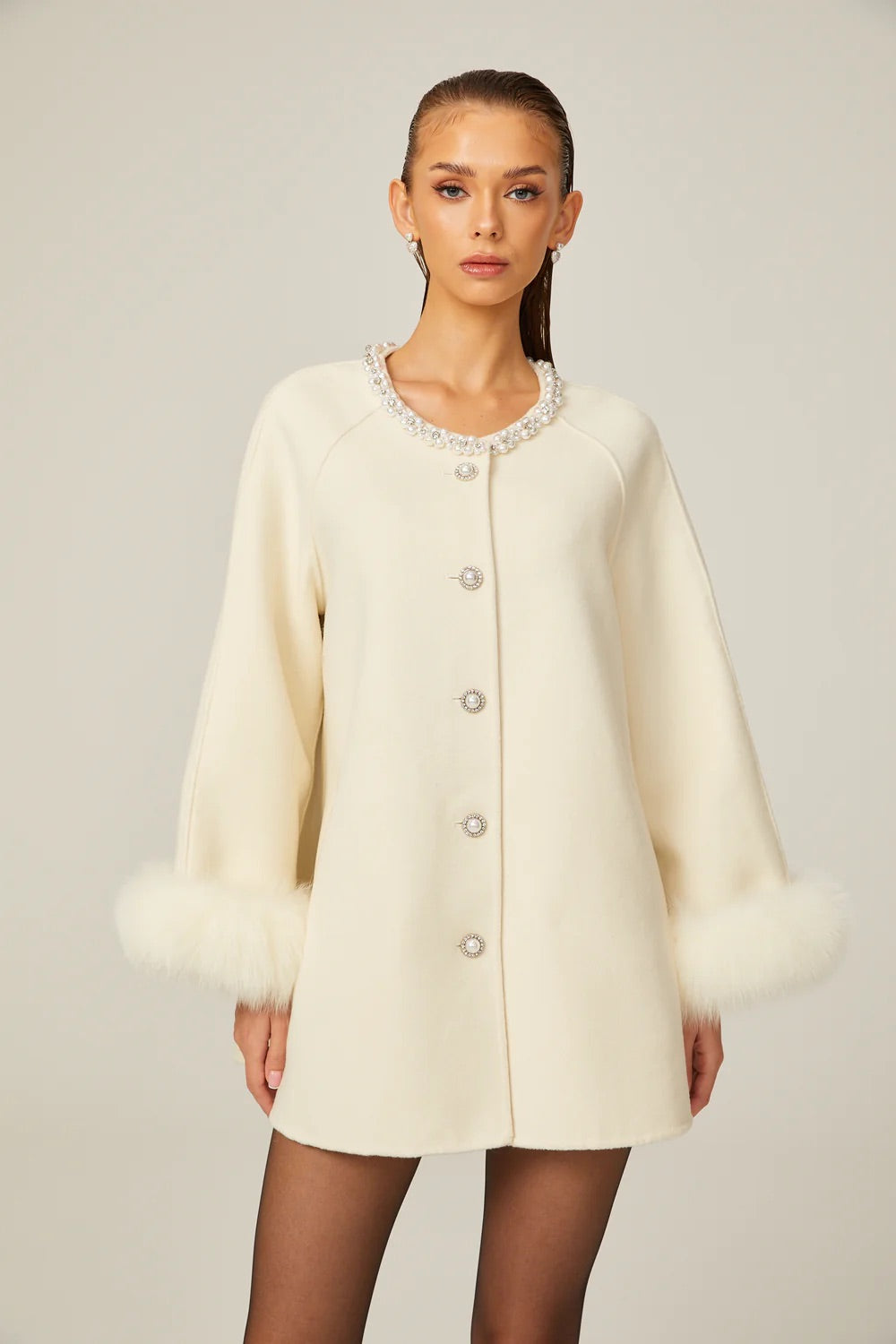 Wool fur crystal embellished coat