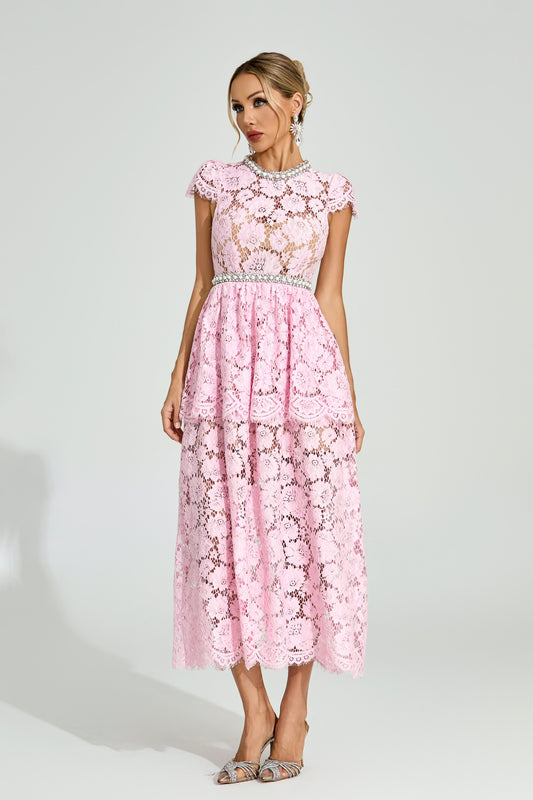 Lila Pink Lace Crystal Trim Midi Dress