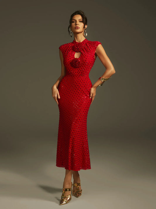 Scarlet Crystal Rose Midi Dress