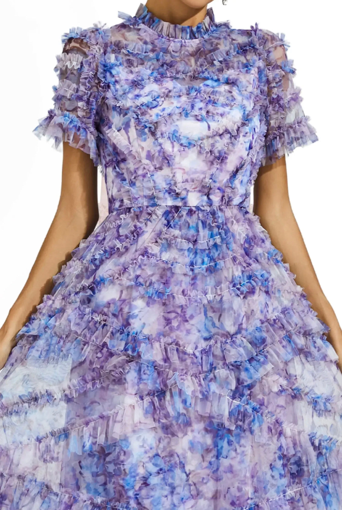 Floral purple short sleeves mesh midi dress (Preorder)