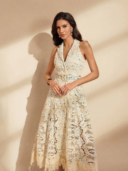 Pastel Bloom Lace Midi Dres