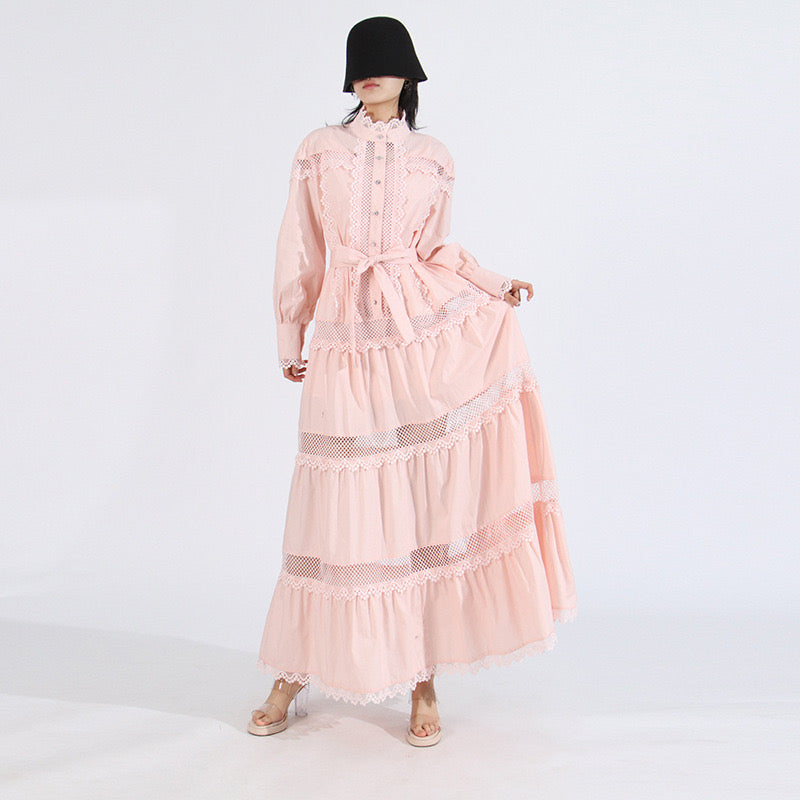 Pink belted long sleeves maxi dress