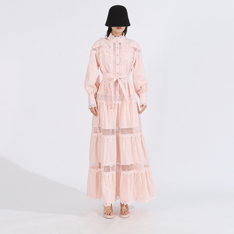 Pink belted long sleeves maxi dress