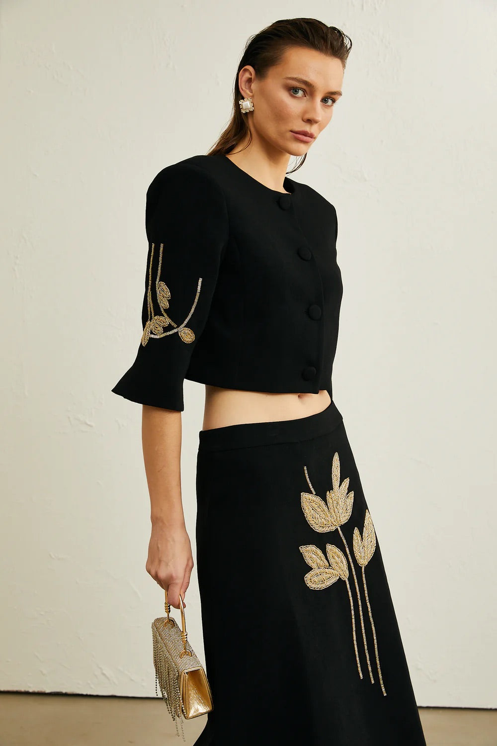 Flower appliqué top/skirt set