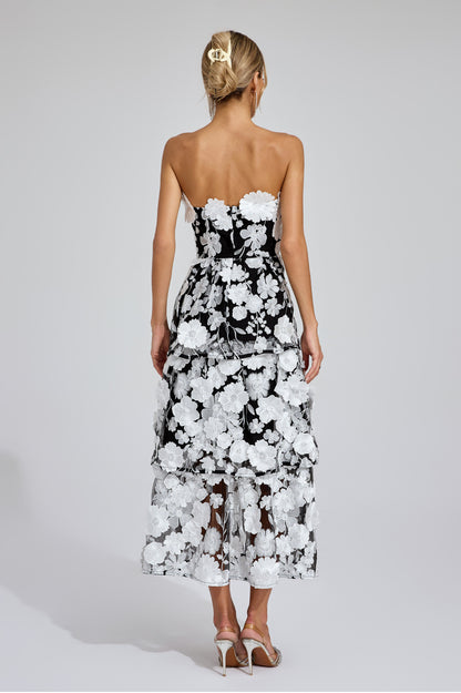Embroidered black/white flower maxi dress