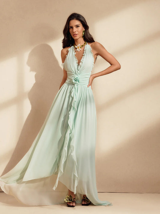 Riva Halter Ruffle Slit Gow