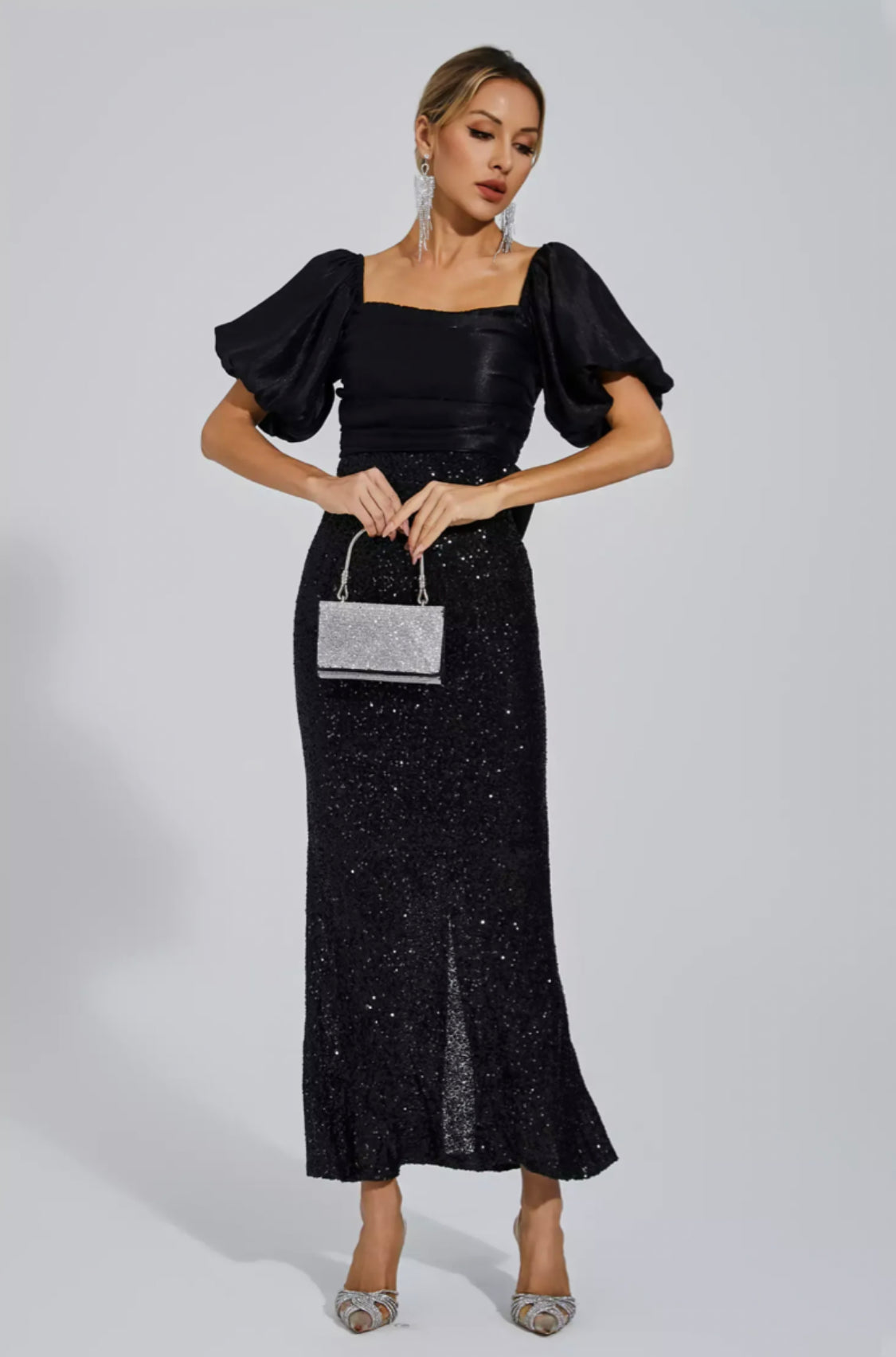 Linda black bow sequin maxi dress