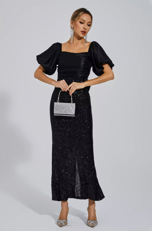 Linda black bow sequin maxi dress