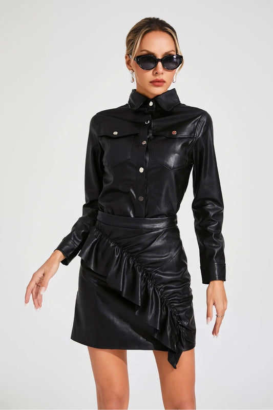 Black leather shirt & skirt set