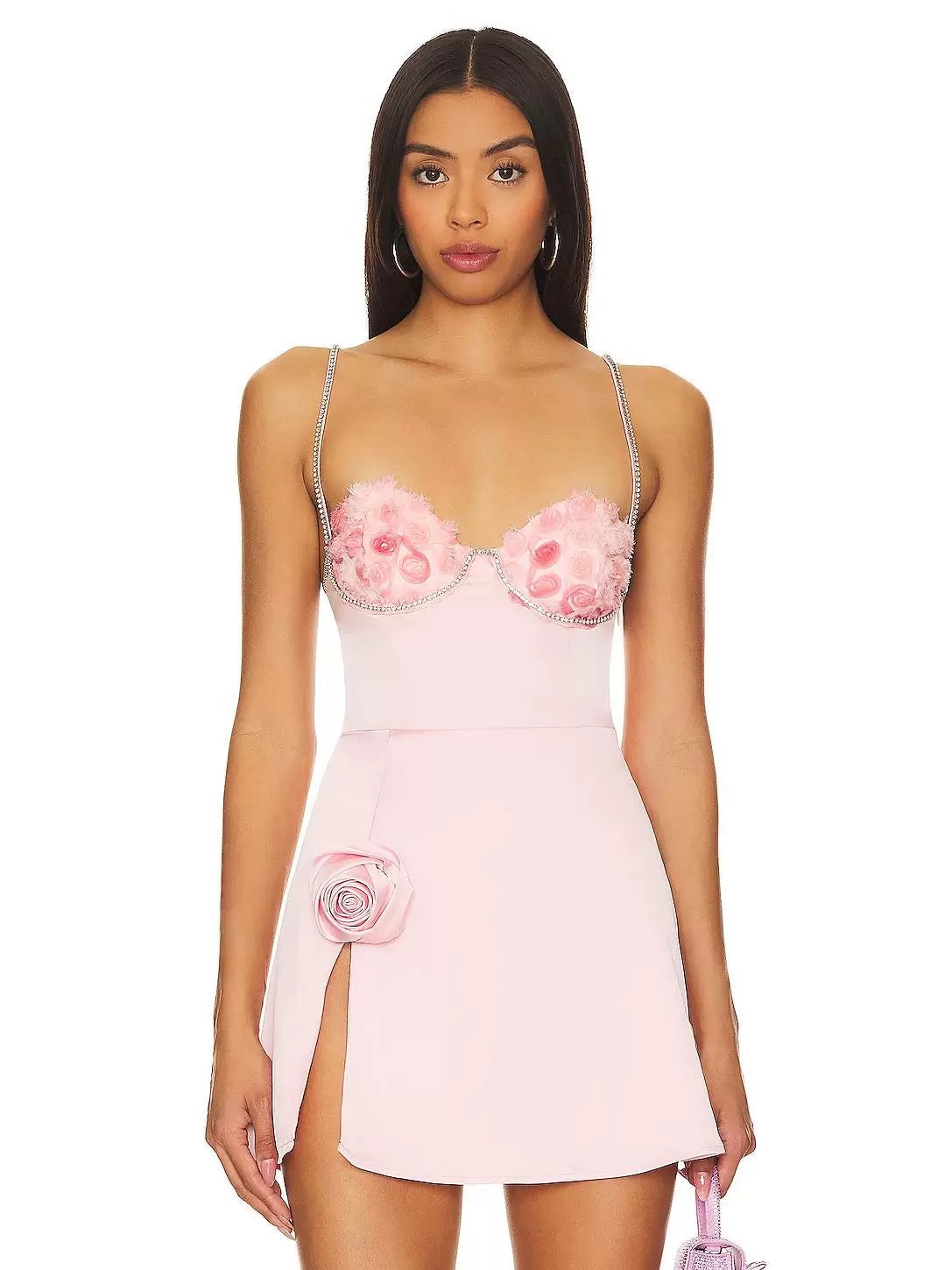 Satin flower pink mini dress