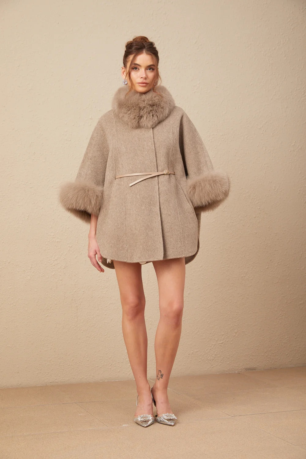 Wool belts fur cape coat