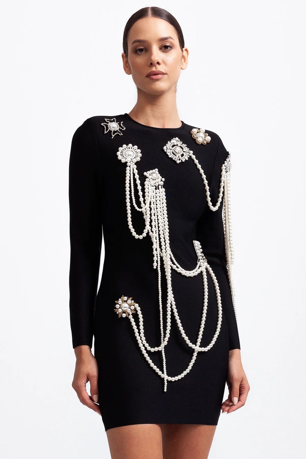 Pearl chains black mini dress (8284700147950)