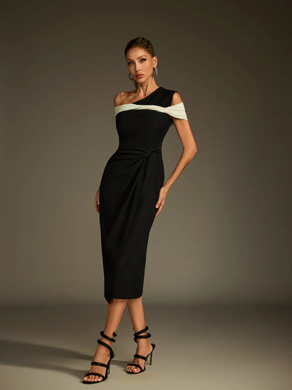 Élise Contrast Drape Midi Dress