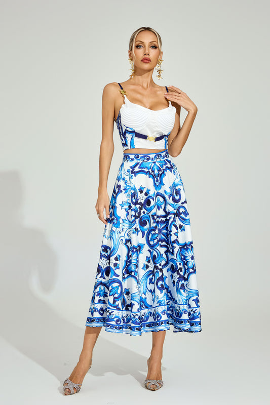 Amalfi Blue Majolica Midi Skirt & Top Set
