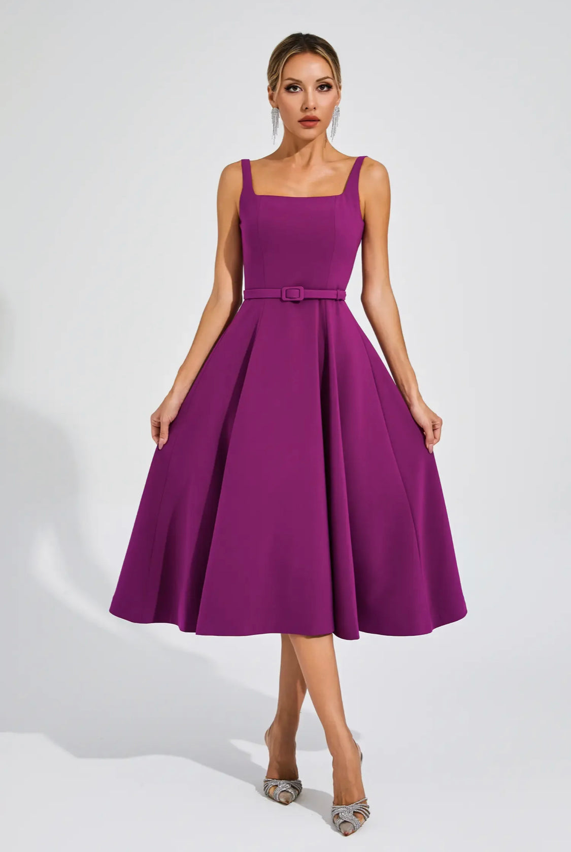 Leila purple belted midi dress