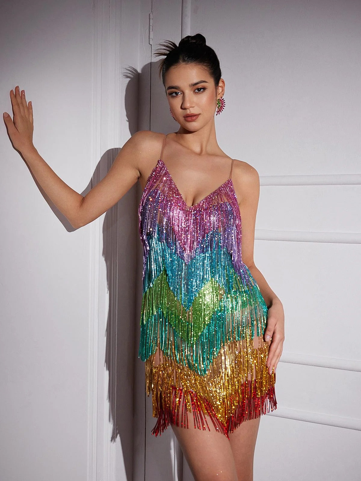 Rainbow crystal fringe mini dress