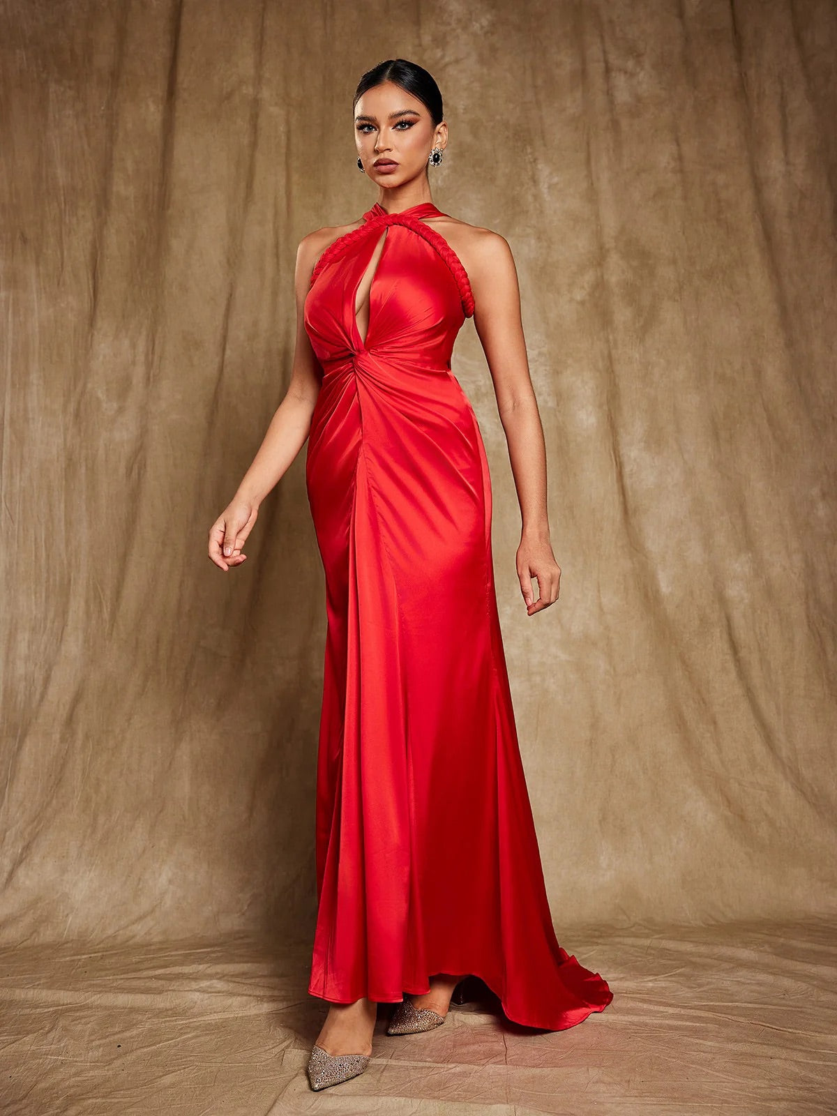 Halterneck satin red maxi dress