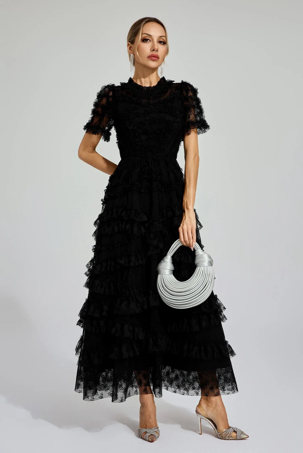 Floral mesh Black midi dress (Preorder)