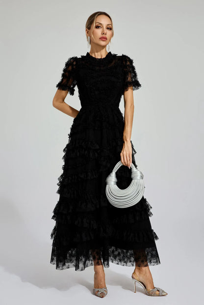 Floral mesh Black midi dress (Preorder)