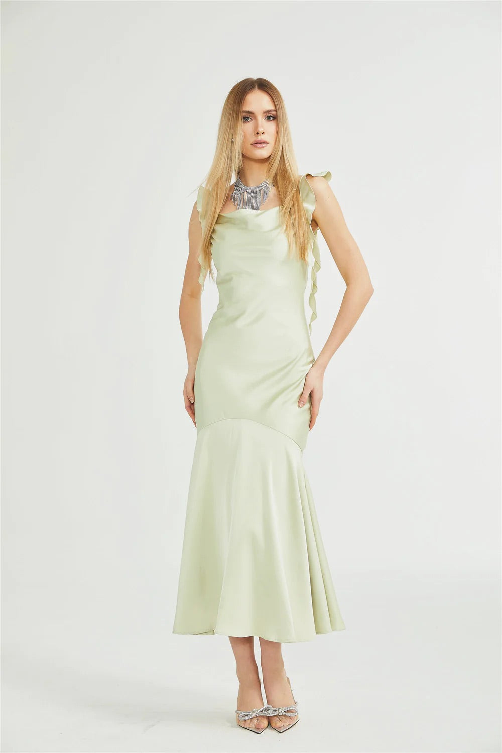 Marlena green satin midi dress