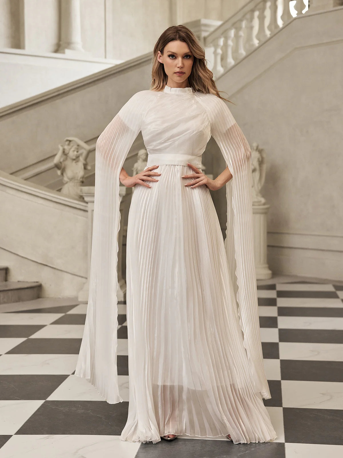 Celeste Pleated Wing-Sleeve Gown