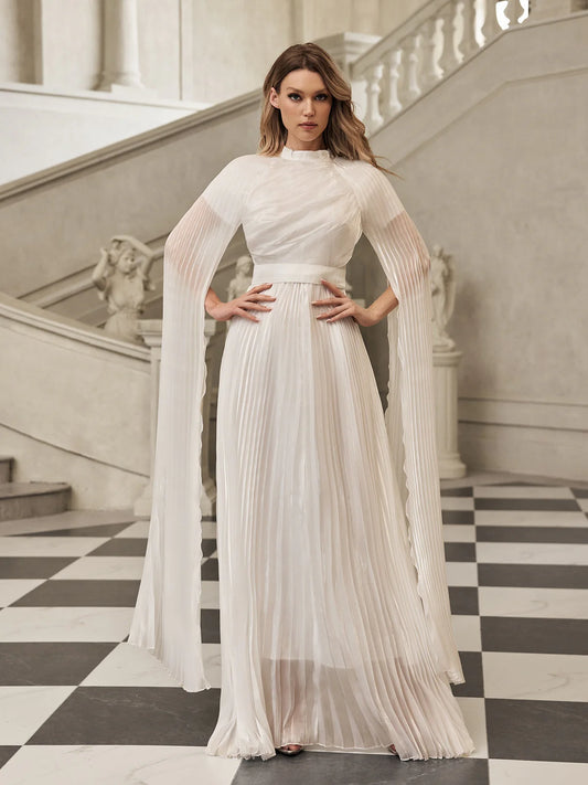 Celeste Pleated Wing-Sleeve Gown