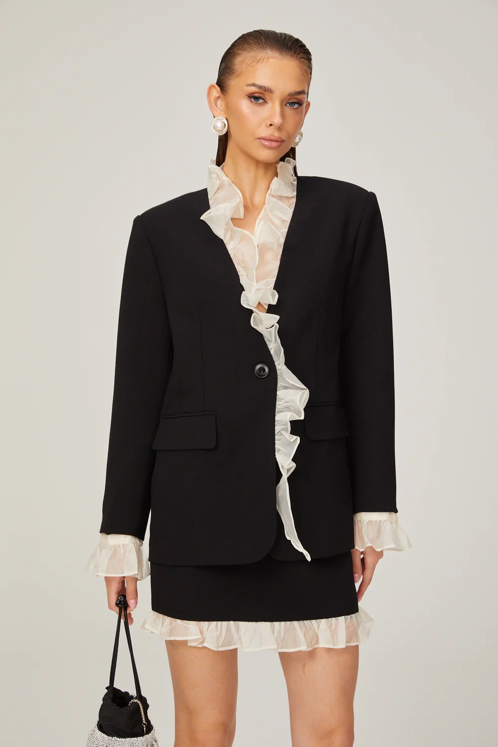 Black ruffle-trim blazer/skirt set