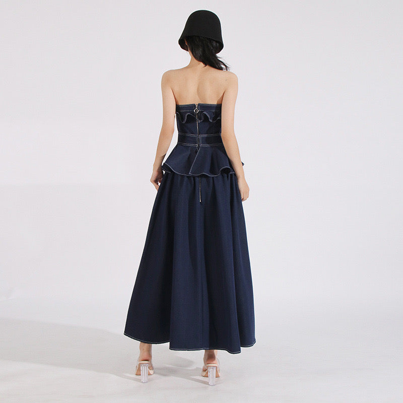 Strapless denim maxi dress