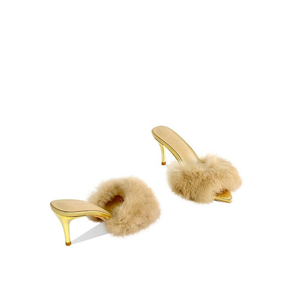 Golden Dream Fur Mule Heels