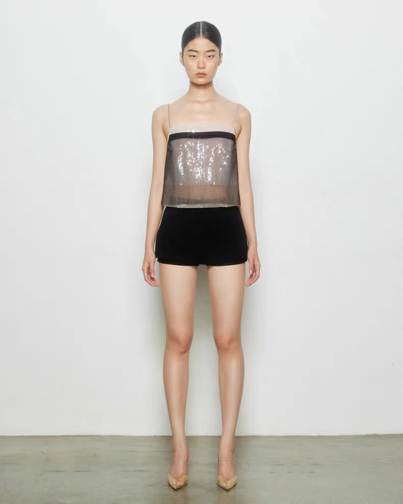 Black Iridescent Mesh Sequin Cami Top
