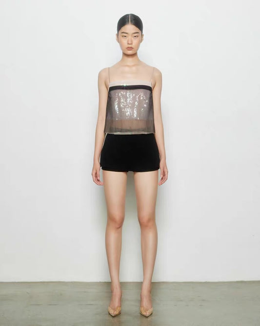 Black Iridescent Mesh Sequin Cami Top