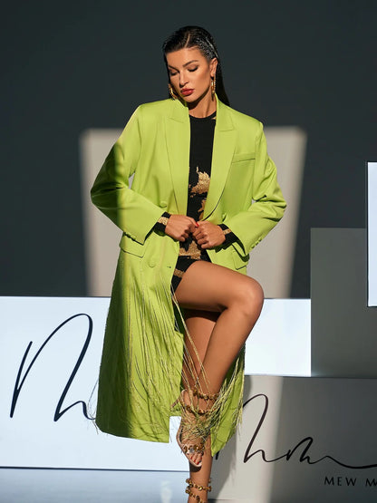 Neon green crystal fringe blazer coat (8293490622702)