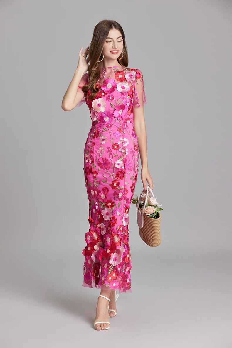Soleil Bloom Flower Embroidered Midi Dress