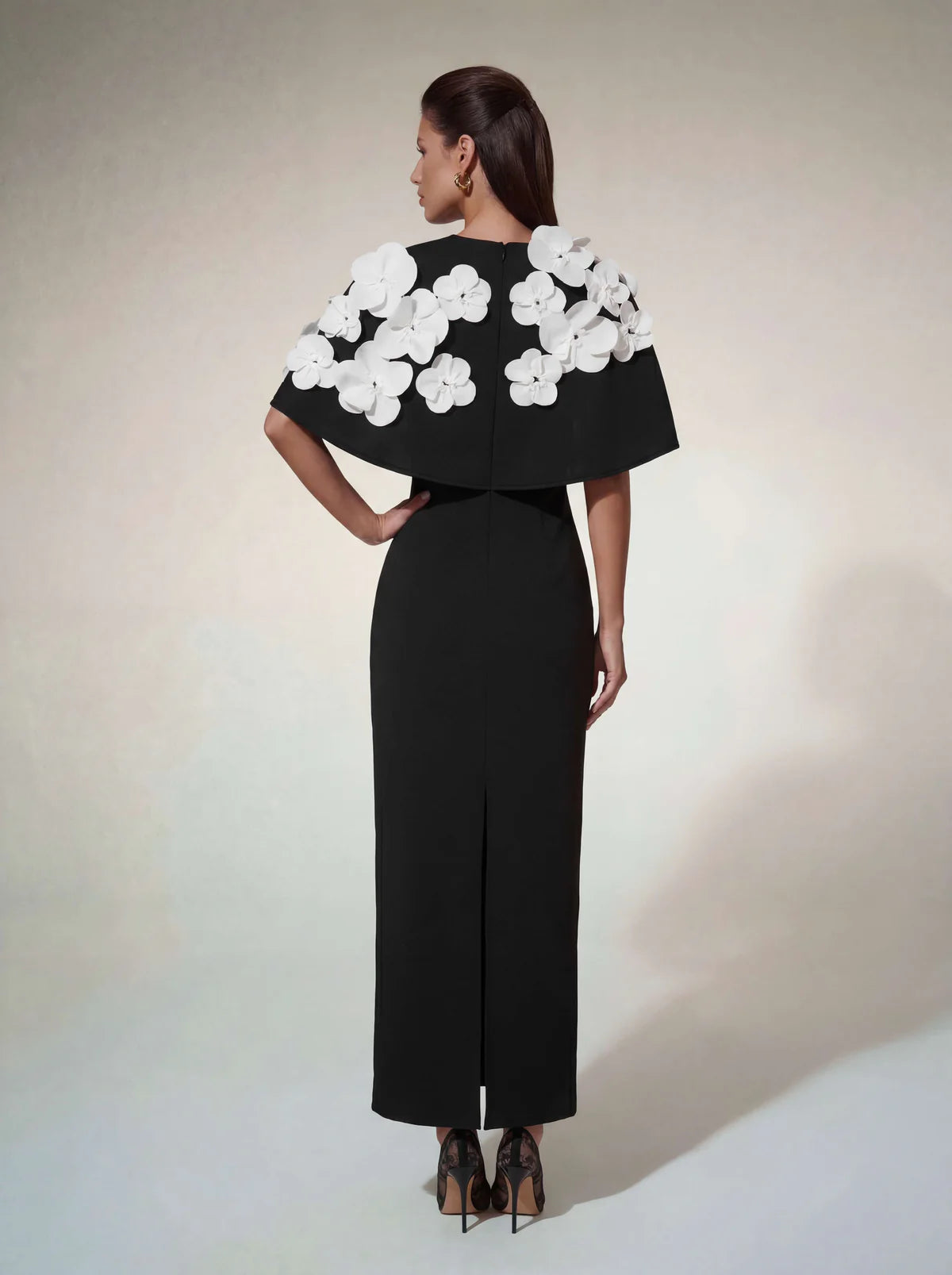 Camellia Flower Cape Maxi Dress