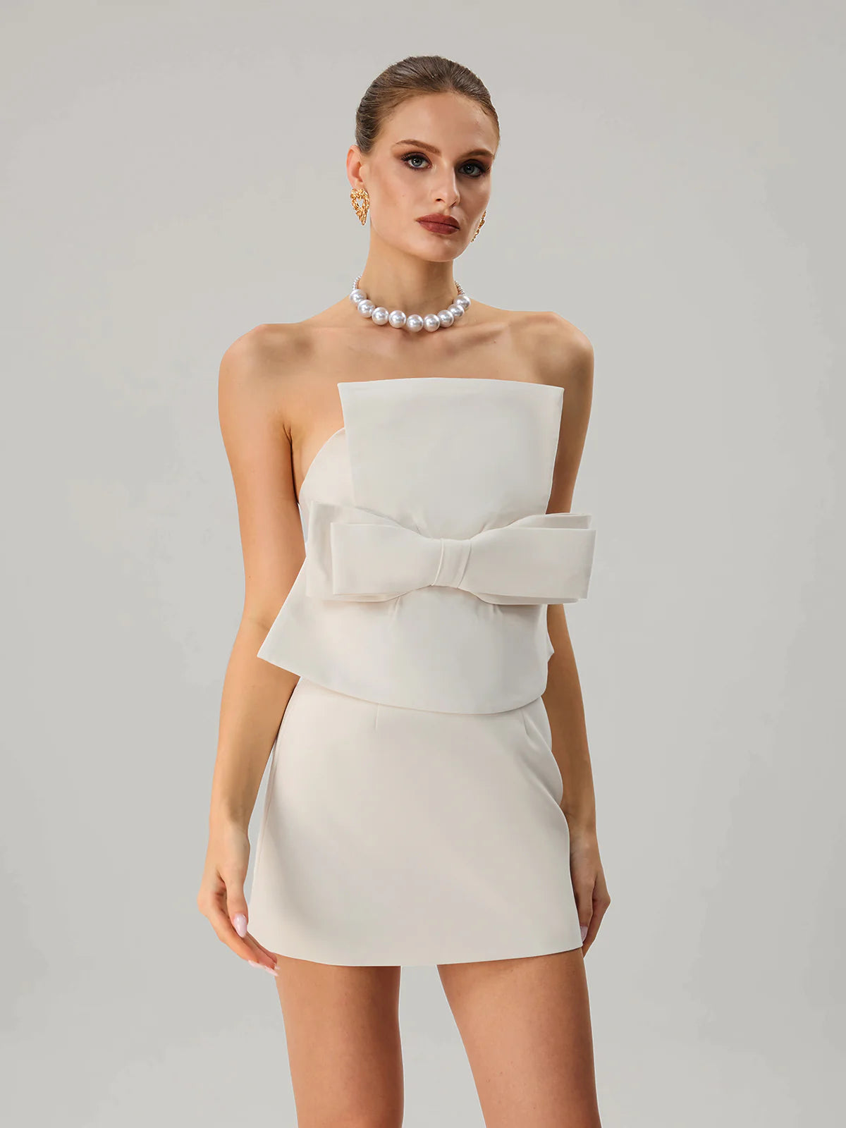 Ivory Strapless Bow Mini Dress