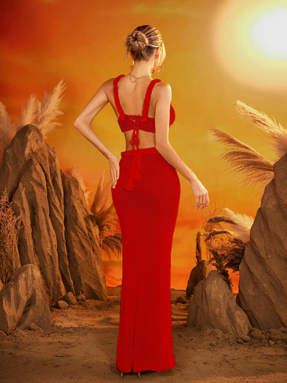 Cora Crochet Knit Set-Red